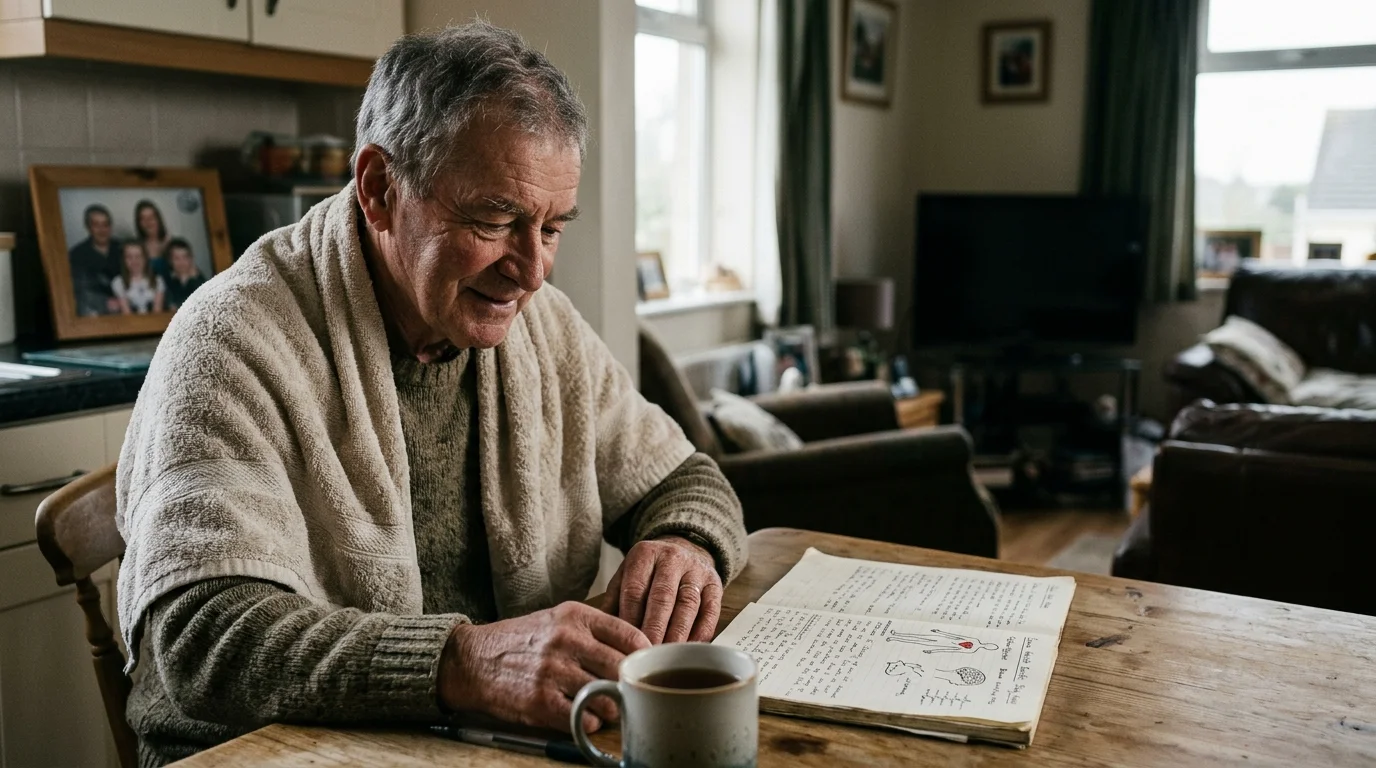Older man with a towel over his shoulders sits at a dining table reading a handwritten notebook next to a warm drink.
