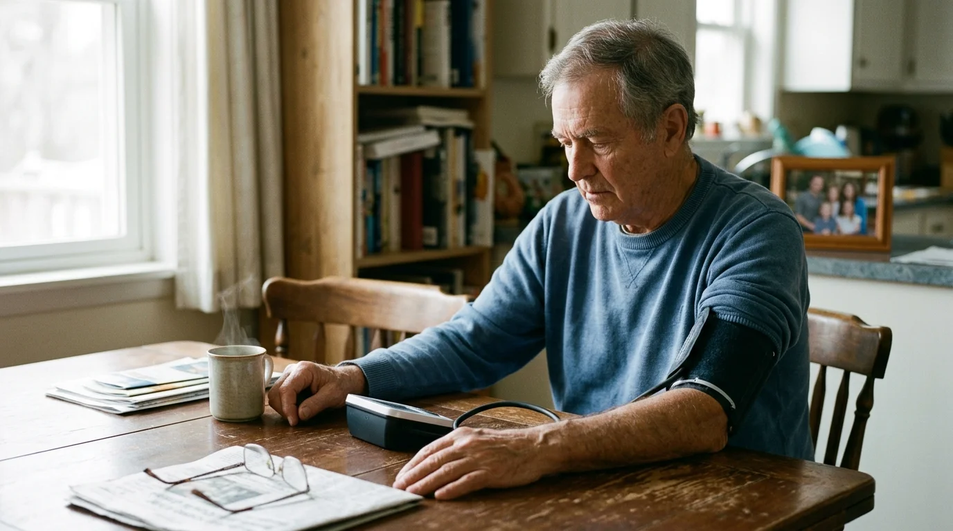A senior man sits at a wooden dining table measuring his blood pressure with a digital arm monitor.