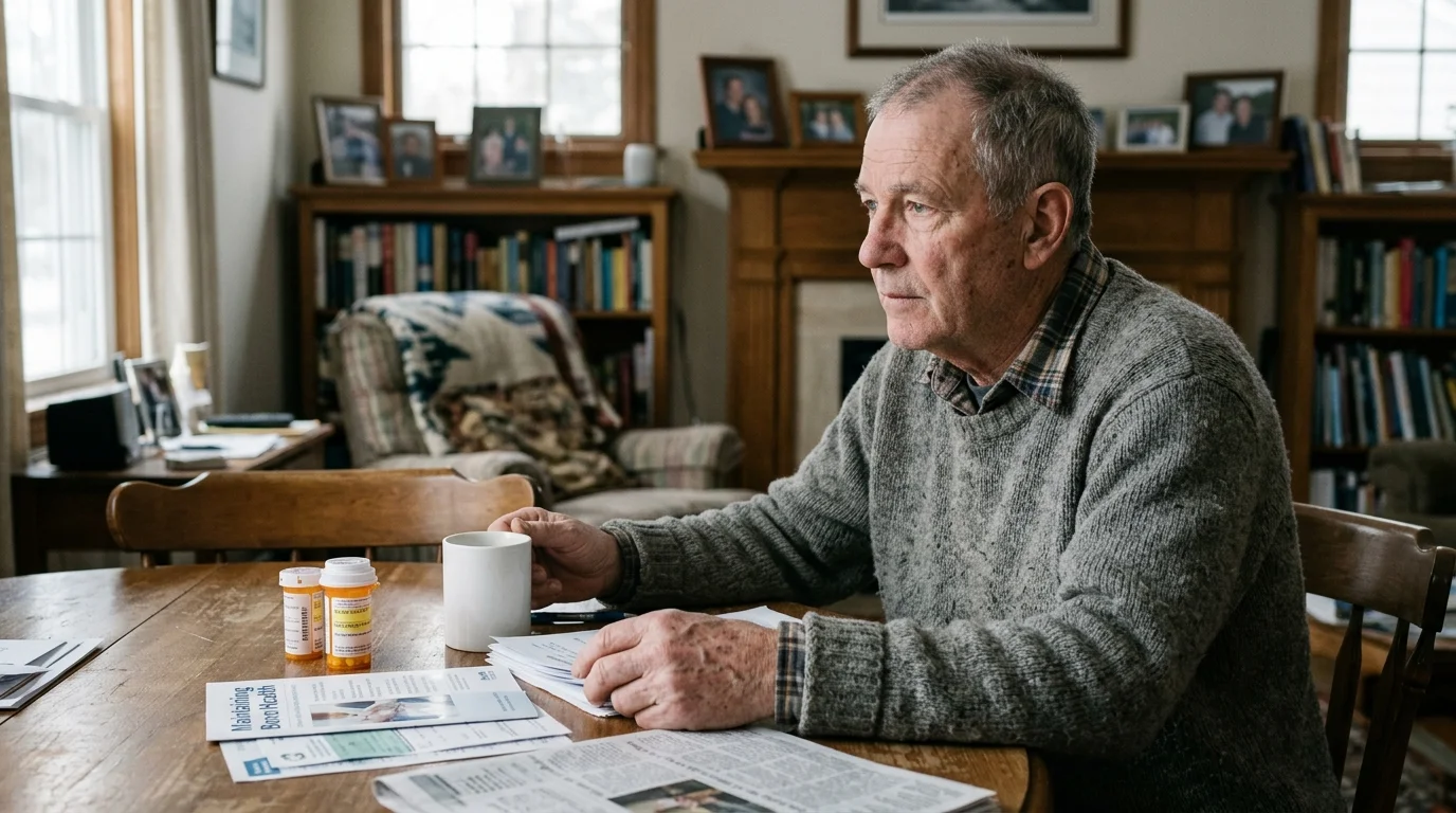 An older man in a grey sweater sits at a wooden table with medication bottles, brochures, and a white coffee mug.