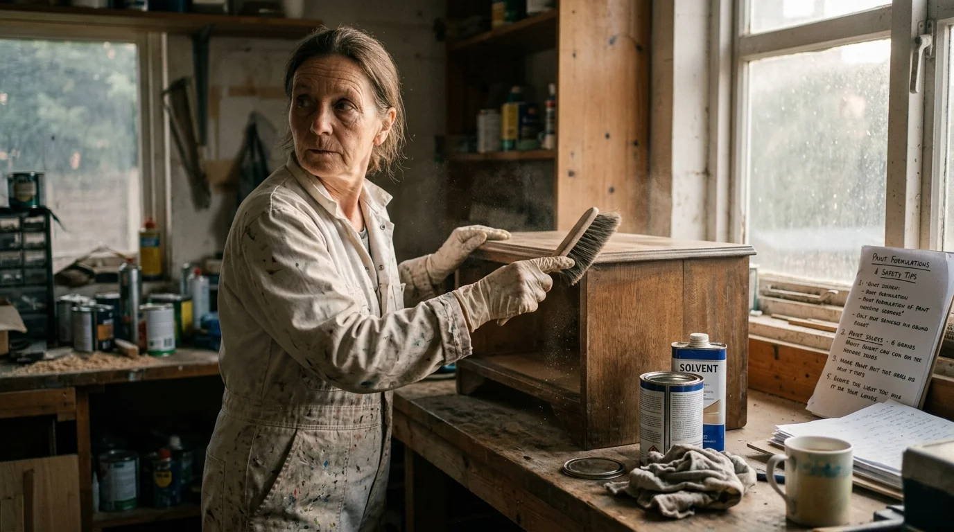 Woman in a workshop brushing dust off a wooden cabinet near cans of solvent and paint on a workbench.