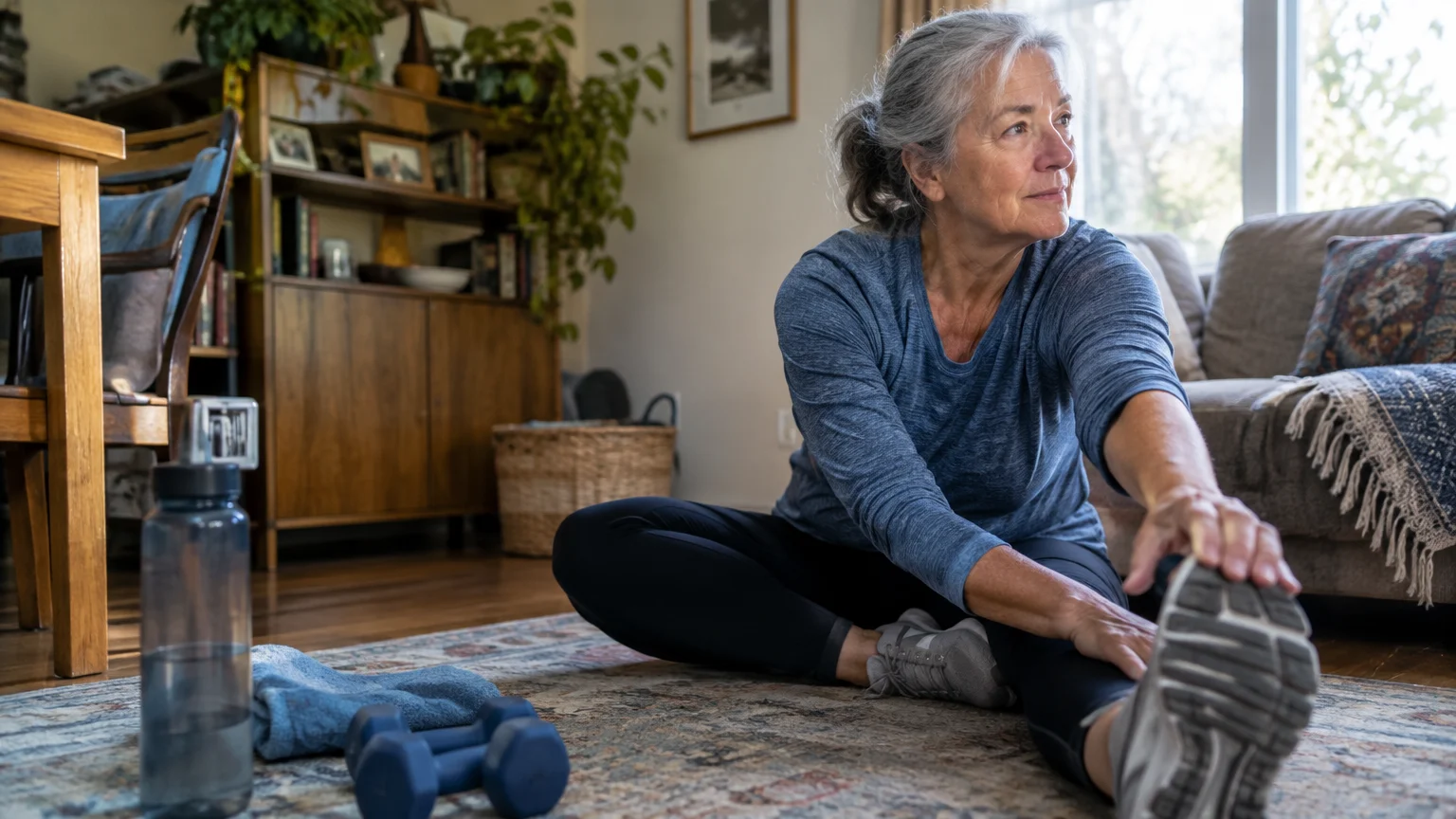 A senior woman stretching her leg while seated on a rug in a bright living room near dumbbells and a water bottle.
