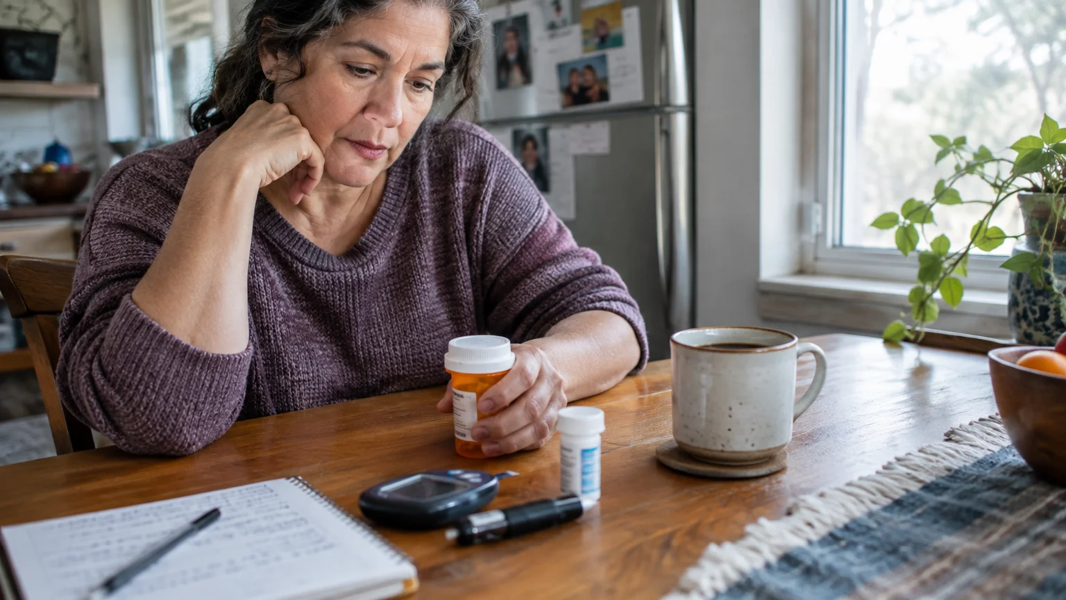 A woman sits at a wooden table with pill bottles, a mug of coffee, and a blood glucose monitor.