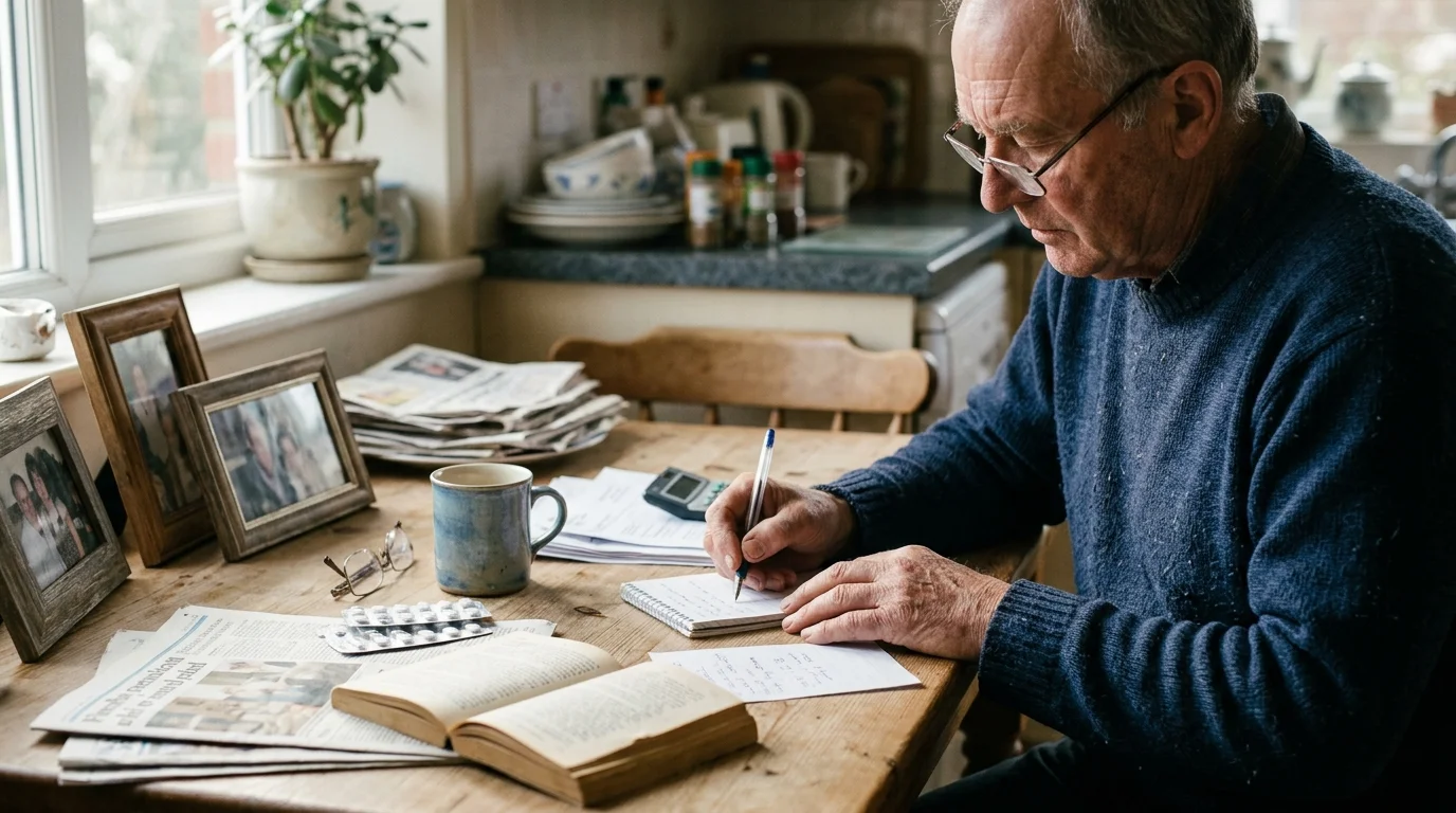 Senior man with glasses writing in a notepad at a wooden kitchen table beside medication blister packs, papers, and books.