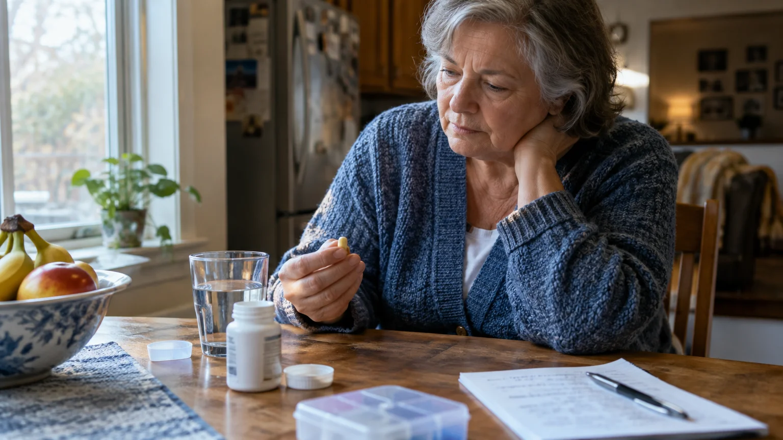 A senior woman sits at a table holding a medication capsule, with a pill bottle, glass of water, and paper nearby.