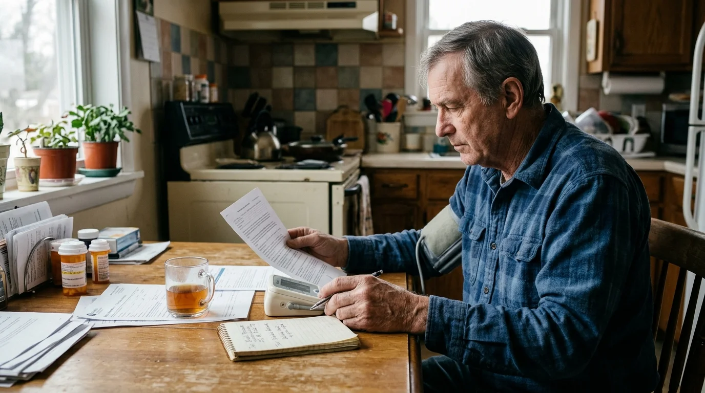 A man wearing a blood pressure cuff sits at a kitchen table reviewing medical papers and writing in a notebook.
