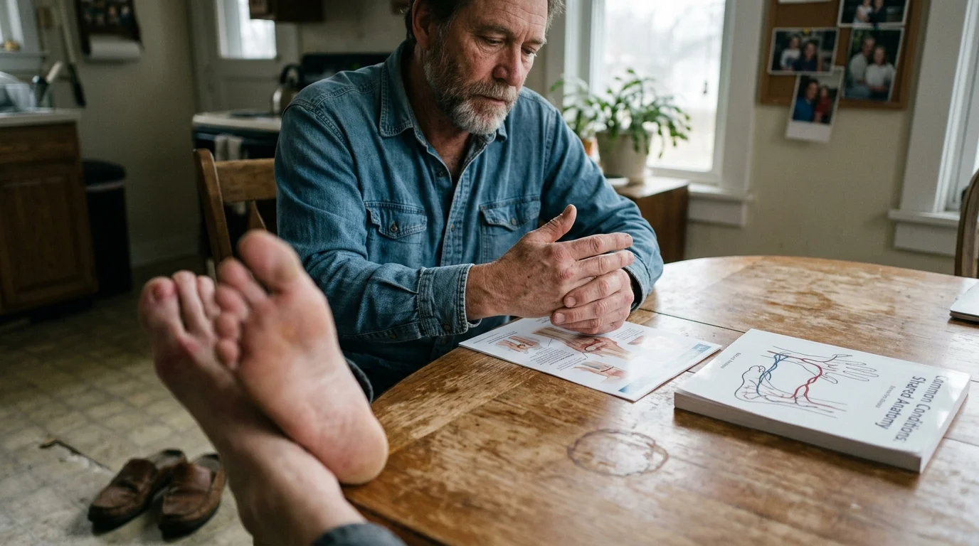 A man sits at a wooden table with clasped hands looking down at anatomical diagrams, with bare feet propped up in front.