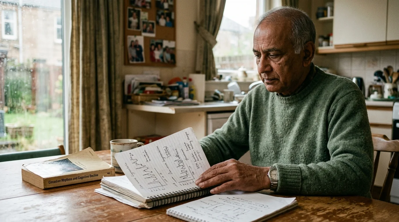 An older man sits at a kitchen table reading a notebook with hand-drawn graphs beside a book and coffee mug.