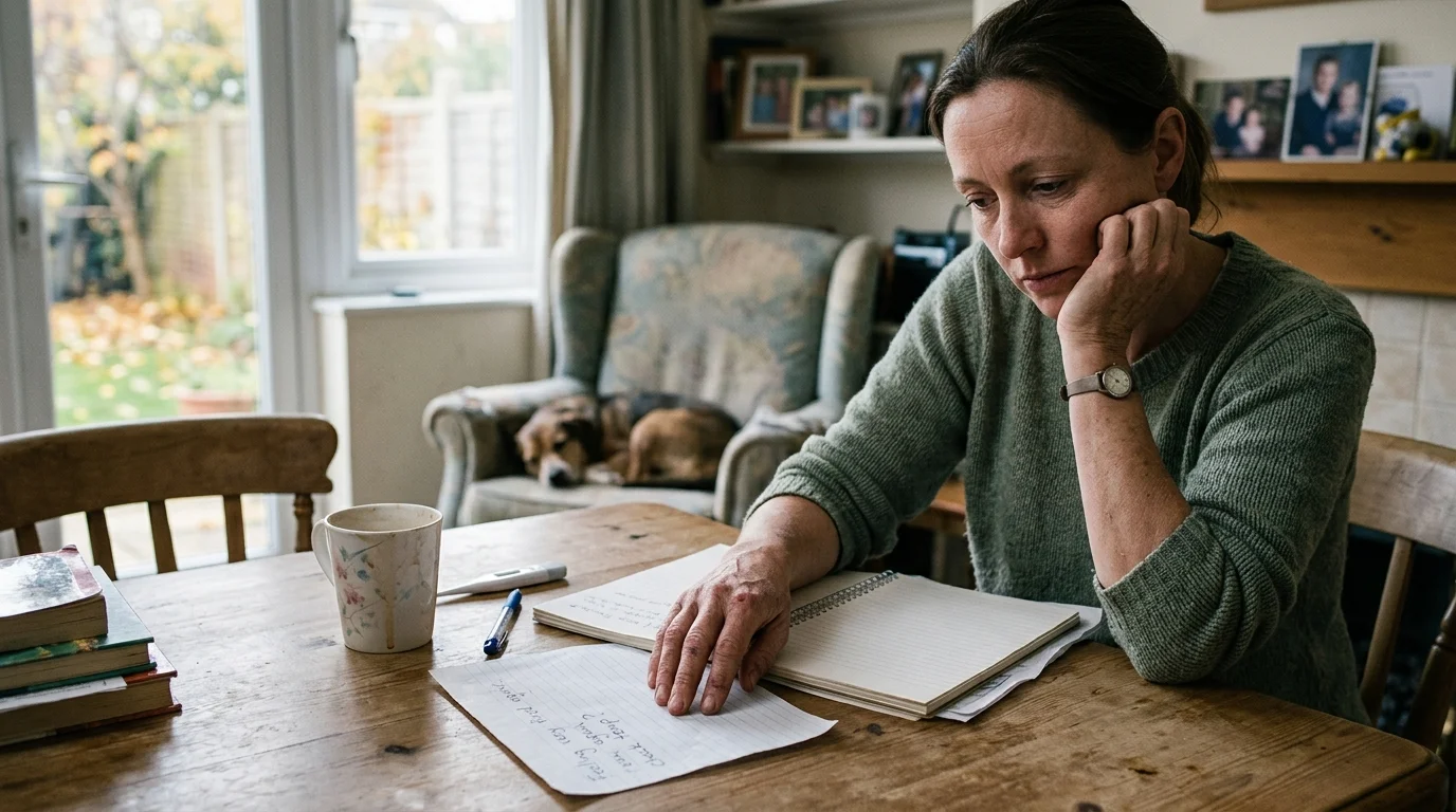 A woman rests her head on her hand at a wooden table, looking down at handwritten notes beside a digital thermometer.