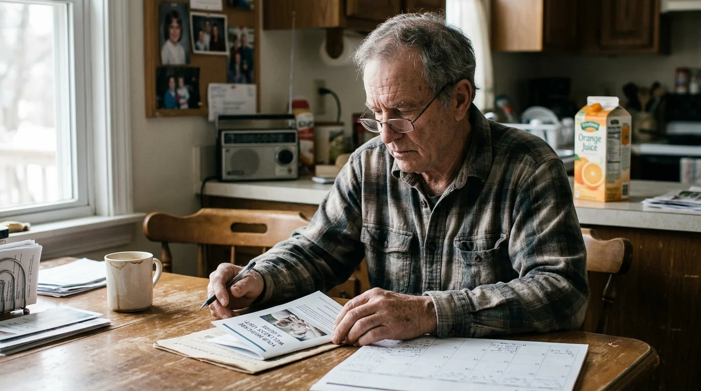 An older man wearing glasses and a plaid shirt reads paperwork at a kitchen table beside a calendar.