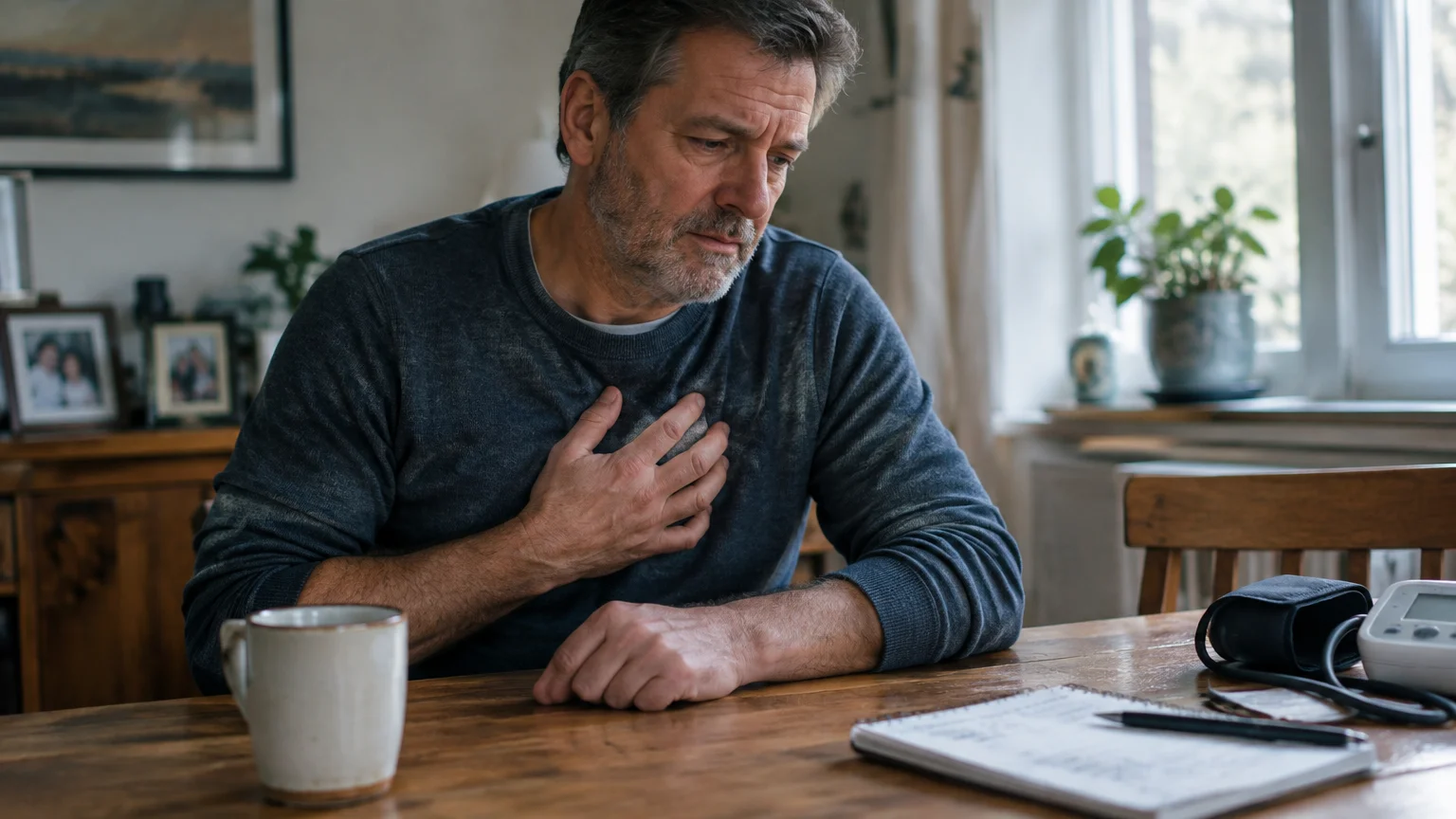 A middle-aged man sits at a wooden table, holding a hand over his chest beside a blood pressure monitor.