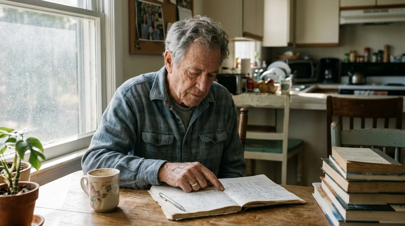 An older man sits at a wooden kitchen table reviewing a handwritten notebook next to a coffee mug and stacked books.