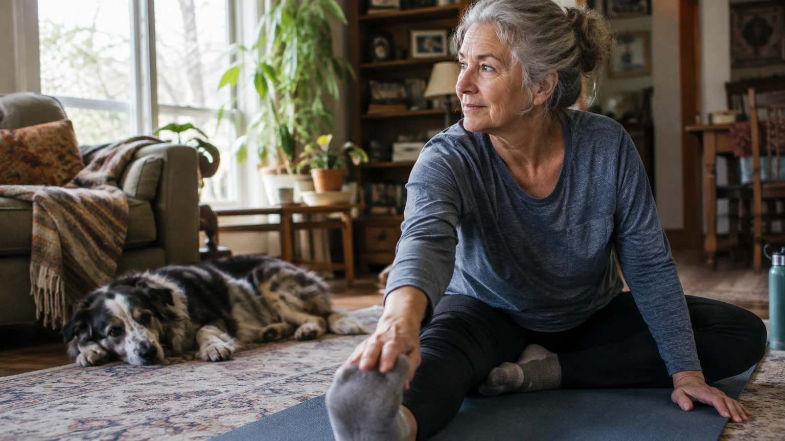 A senior woman stretches on a yoga mat in her living room while a dog lies on a rug beside her.
