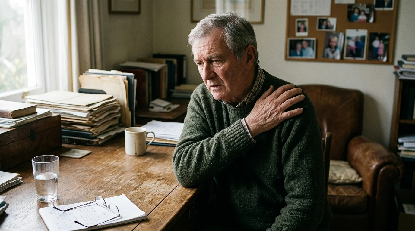An older man in a green sweater sits at a wooden desk with papers, resting a hand on his shoulder with a pained expression.