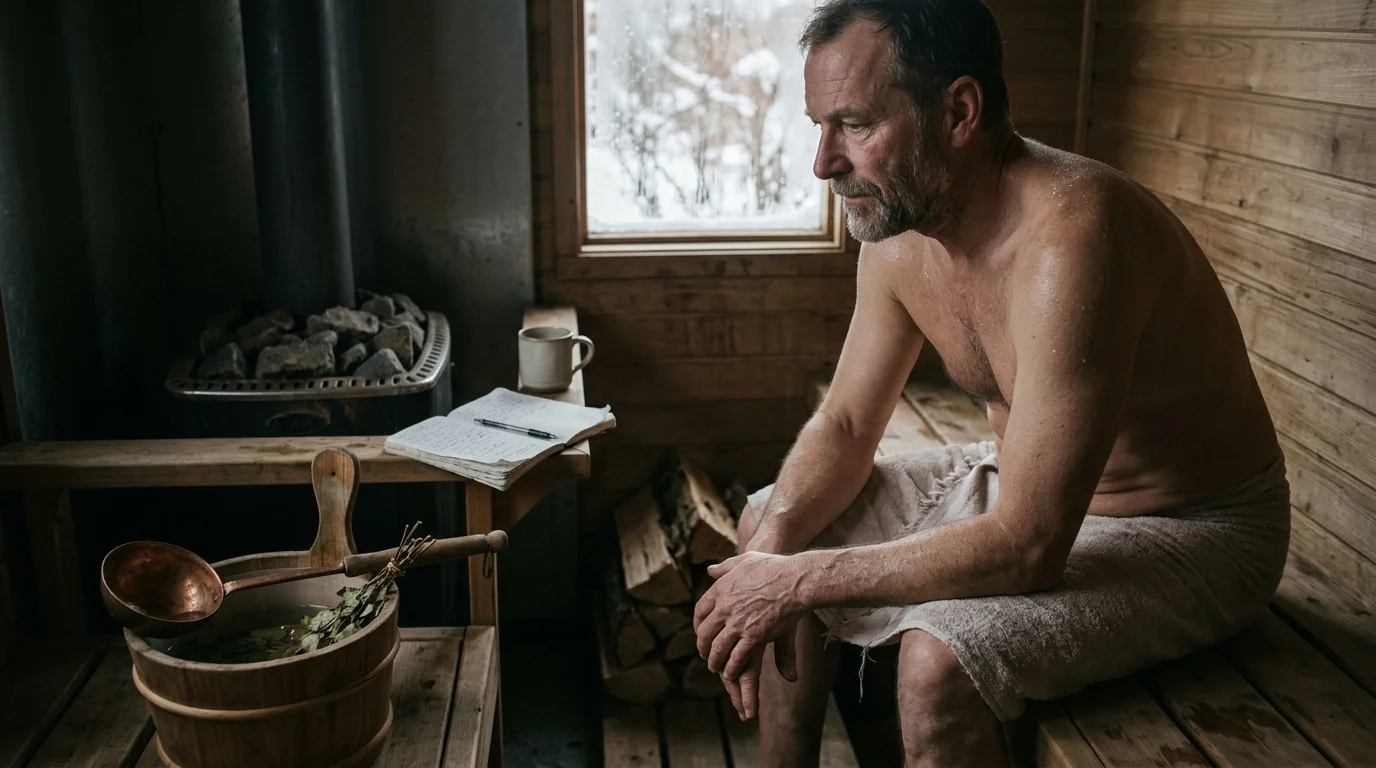Man wrapped in a towel sits sweating inside a wooden sauna beside a wood-burning stove and a bucket.