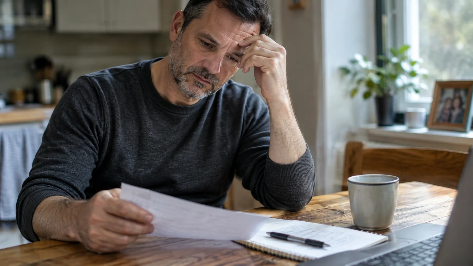 A concerned middle-aged man sits at a wooden table resting his forehead on his hand while reading a paper document.