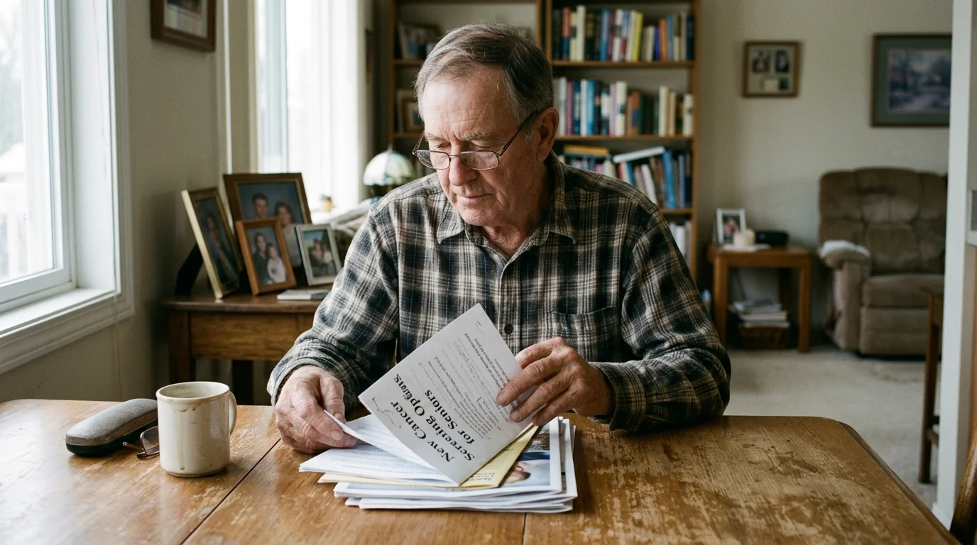 An older man wearing glasses sits at a wooden table reviewing a brochure titled New Cancer Screening Options for Seniors.