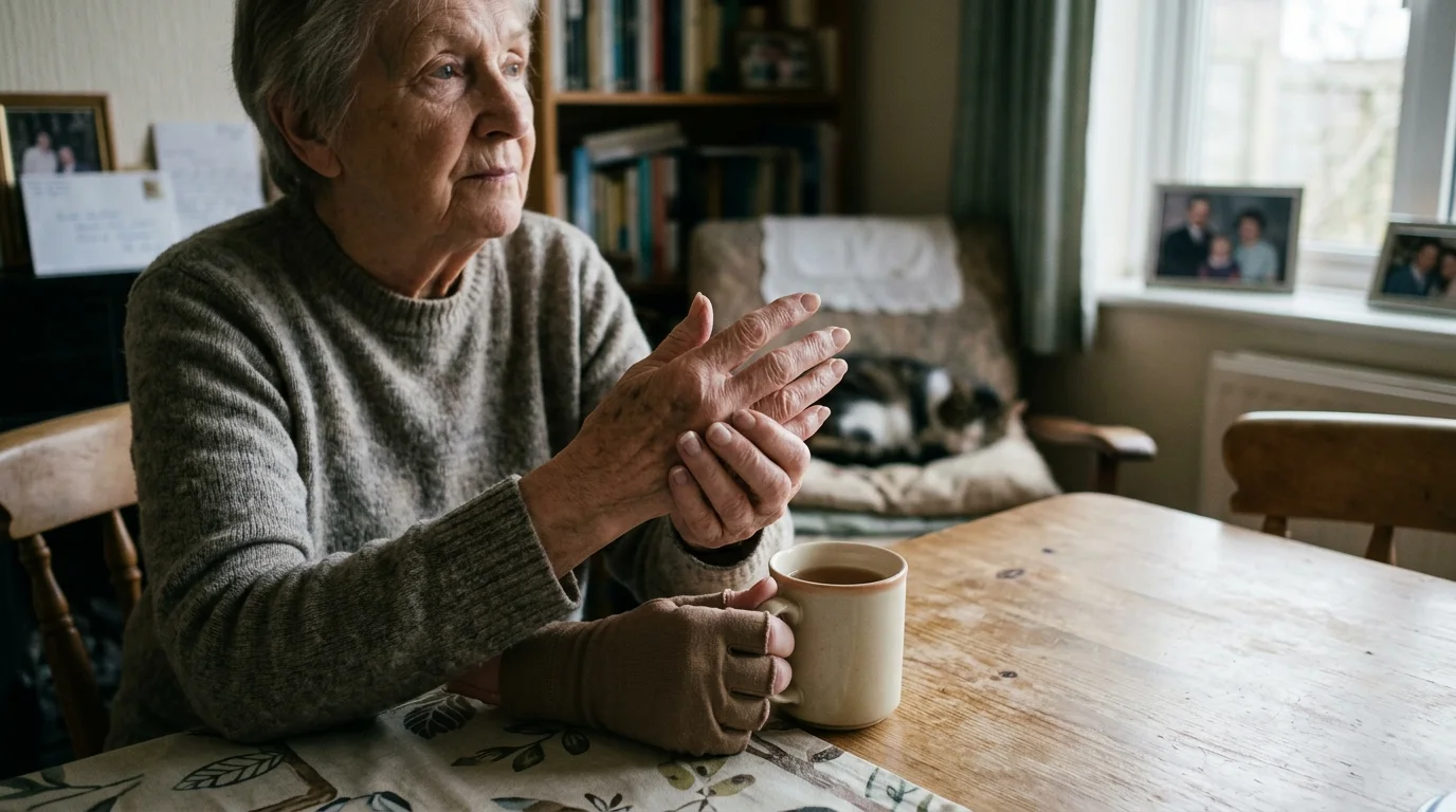 Elderly woman sitting at a wooden table holding her hand, wearing a tan compression glove on the other.