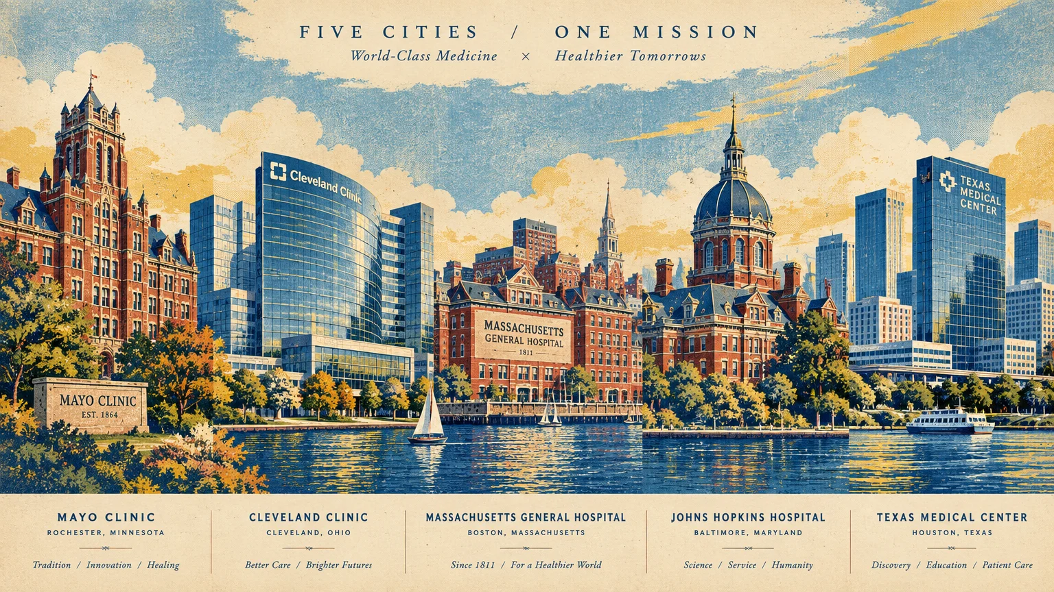 Panoramic illustration of five major medical centers along a waterfront, including Mayo Clinic and Cleveland Clinic.