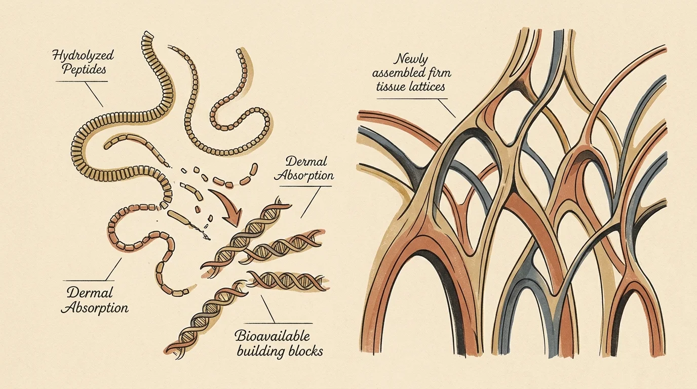 Diagram showing hydrolyzed peptide chains breaking down into bioavailable building blocks and forming firm tissue lattices.