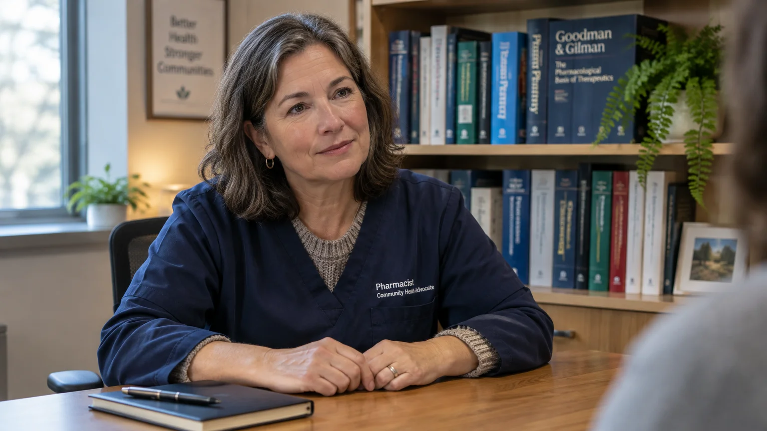 A female pharmacist in navy scrubs sits at a wooden desk with a notebook, listening in an office with full bookshelves.