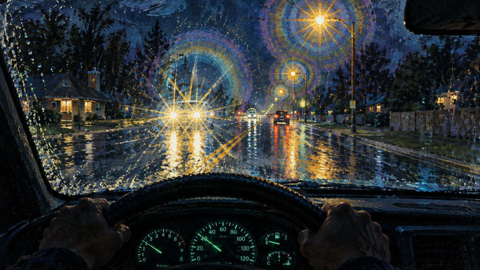 First-person view from a car steering wheel driving at night, showing headlights and streetlights surrounded by huge halos.