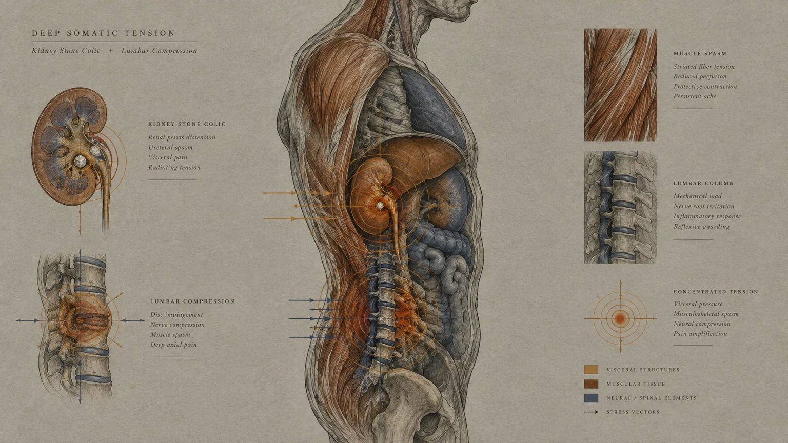 Anatomical illustration of a human torso, kidney cross-section, and lumbar spine with diagrams of radiating pain.