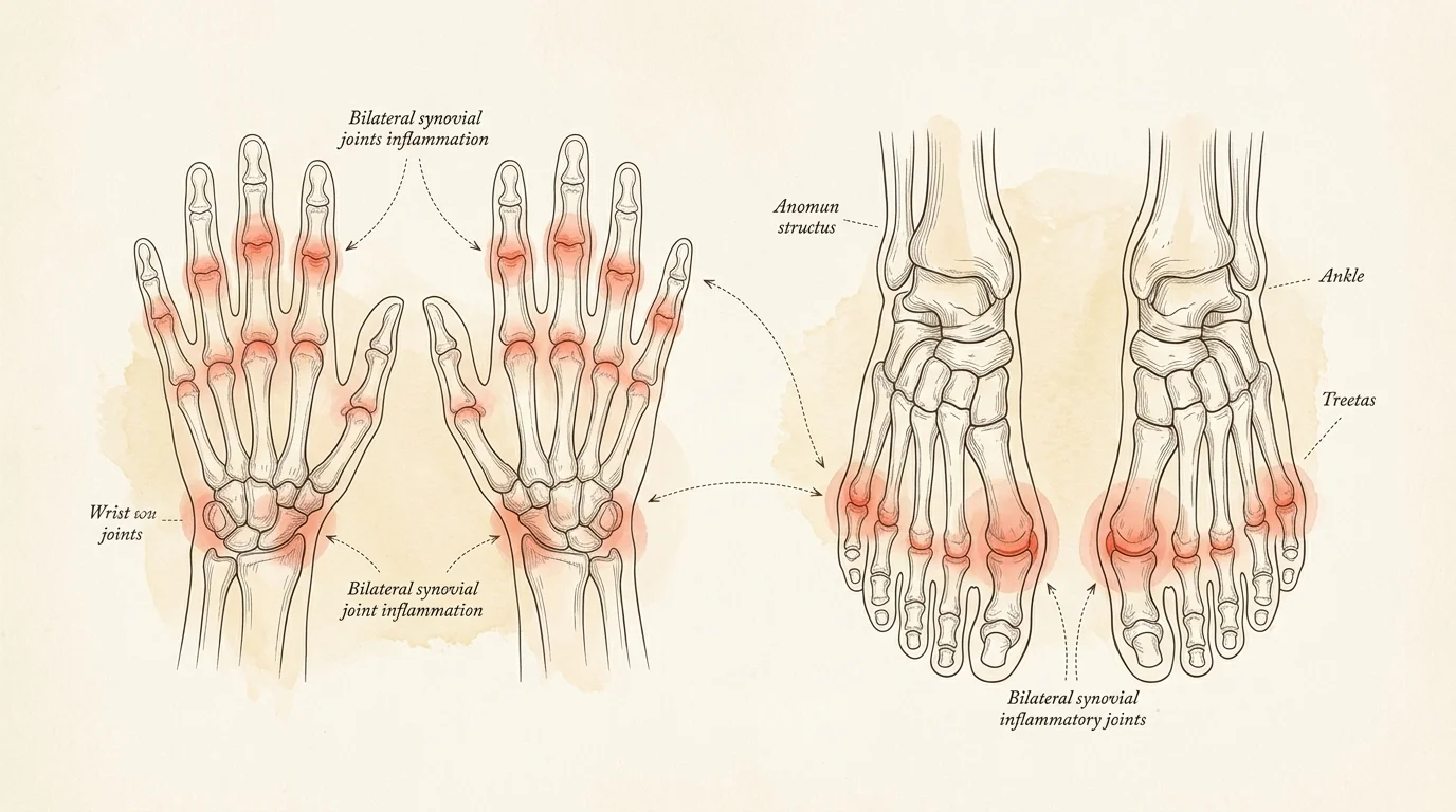 Anatomical line drawing of hands and feet with red highlights marking inflamed synovial joints.