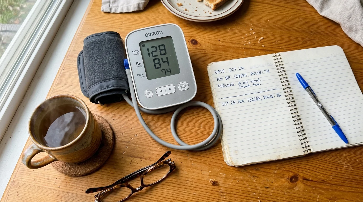 A digital blood pressure monitor displaying readings next to an open notebook log, pen, eyeglasses, and a cup of tea.