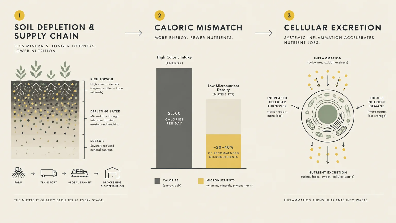 Three-step diagram showing soil depletion, a bar chart comparing high calories to low nutrients, and cellular excretion.
