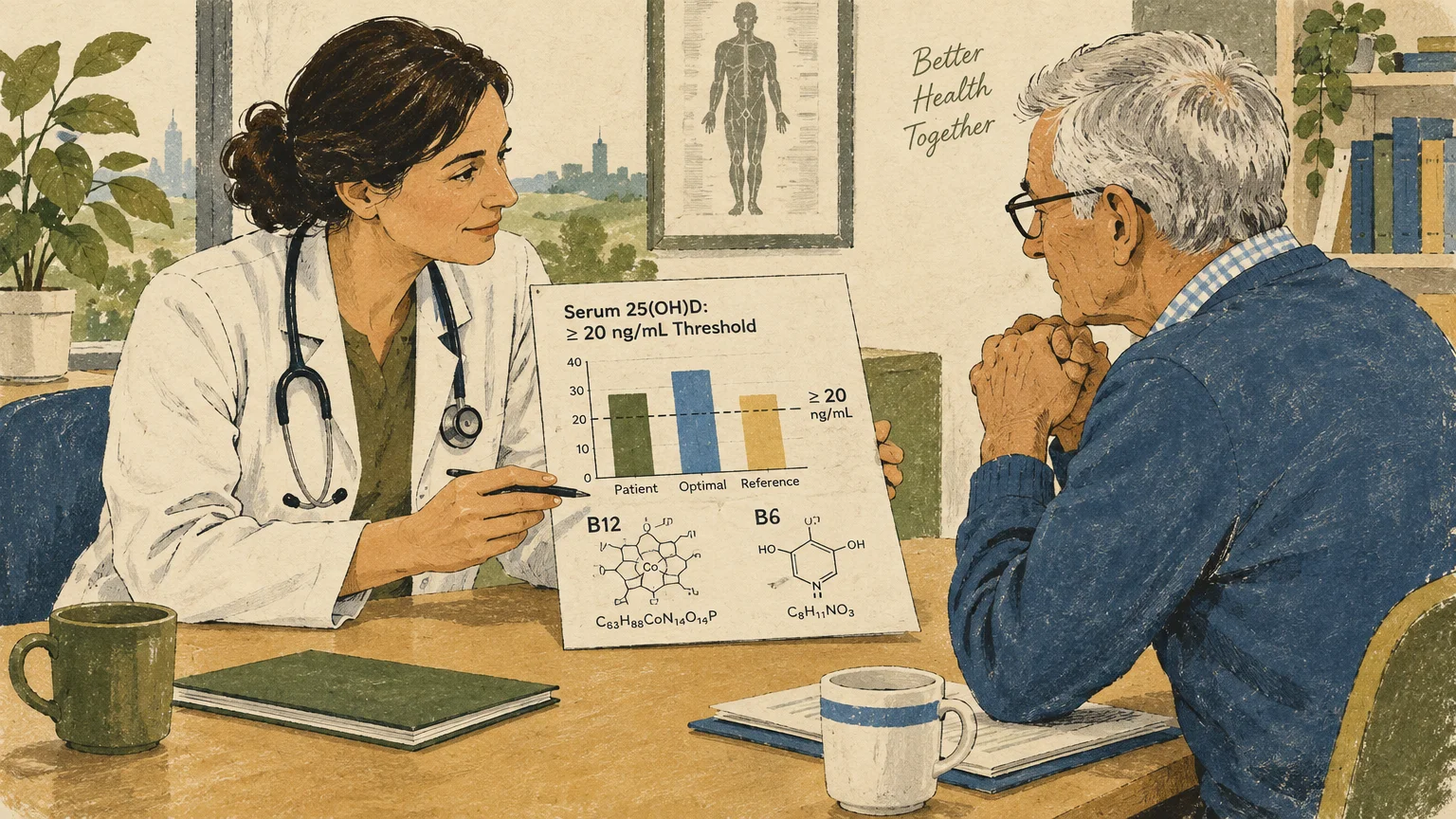 Doctor showing an older male patient a medical chart with vitamin D levels and B12 chemical structures across a desk.