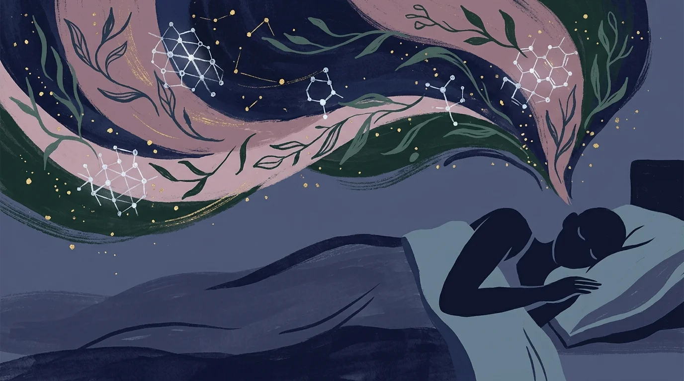 Illustration of a person sleeping in bed beneath swirling night sky patterns of leaves, stars, and molecular structures.