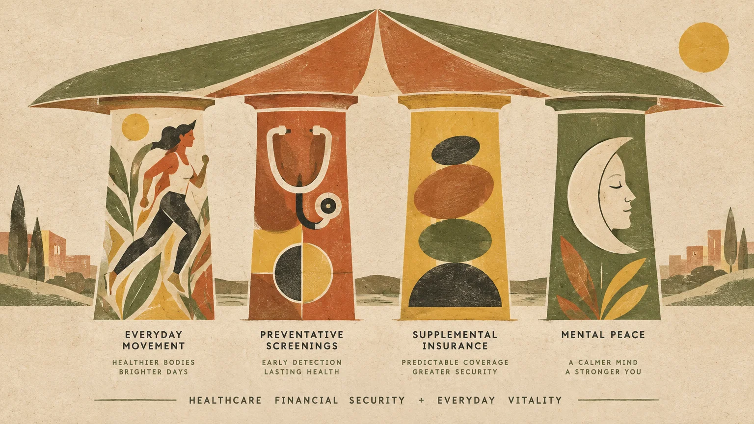 Four illustrated architectural pillars symbolizing everyday movement, preventative screenings, insurance, and mental peace.