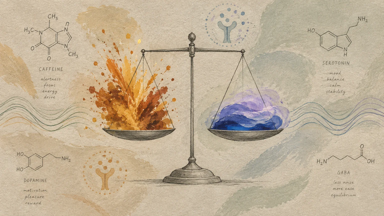 Illustration of a balance scale with brown paint splatters on one pan and blue watercolor washes on the other.
