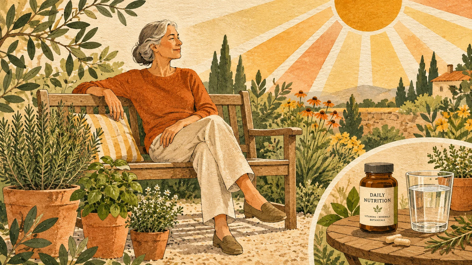 An older woman sits on a garden bench in the sun beside an inset of a supplement bottle and glass of water.