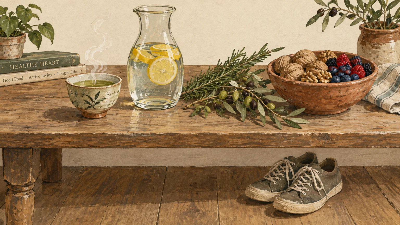 Illustration of a rustic table with lemon water, green tea, walnuts, berries, olive branches, and sneakers beneath.