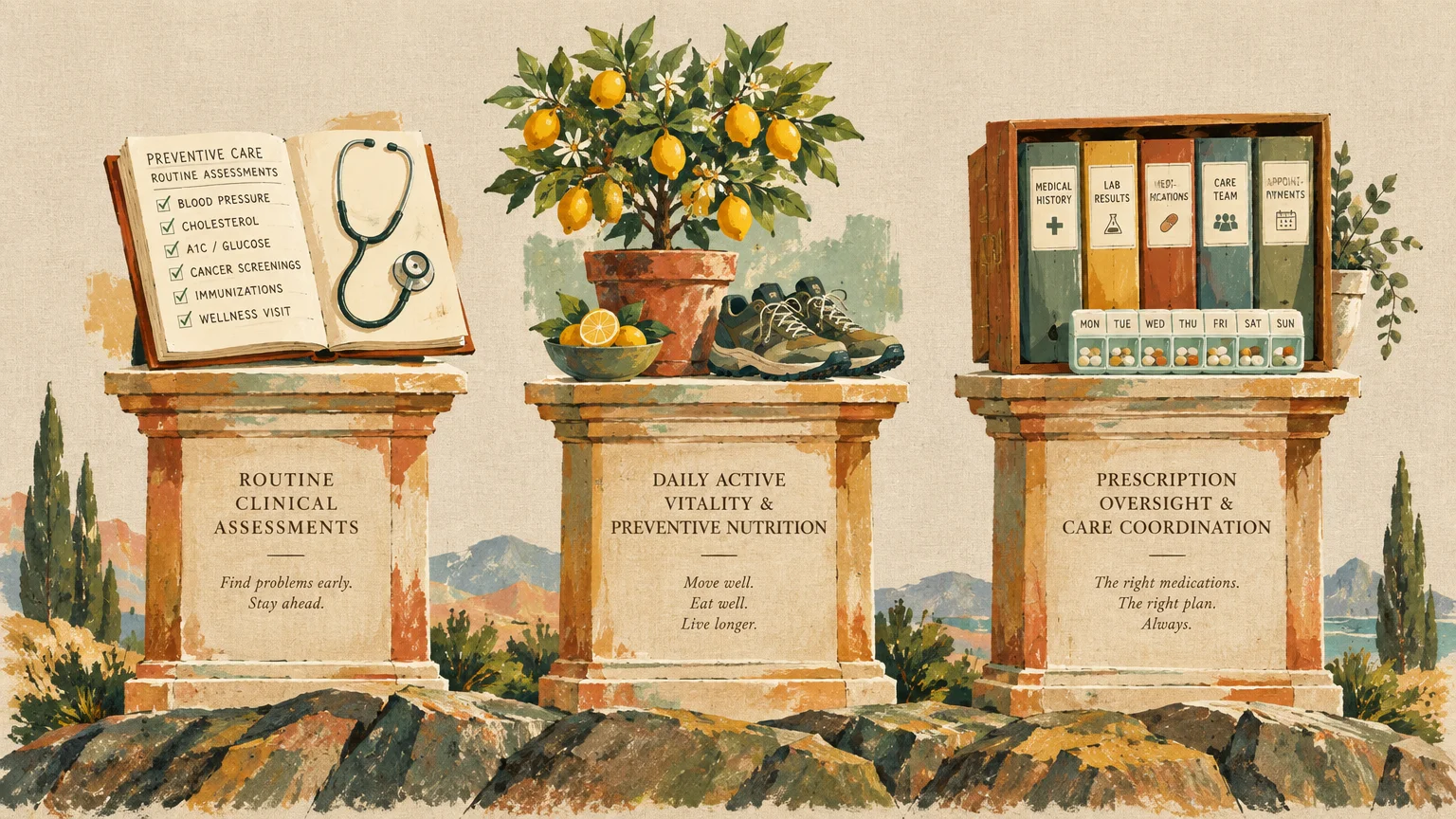 Three stone pedestals holding clinical records, a potted lemon tree with sneakers, and medical binders in an open landscape.