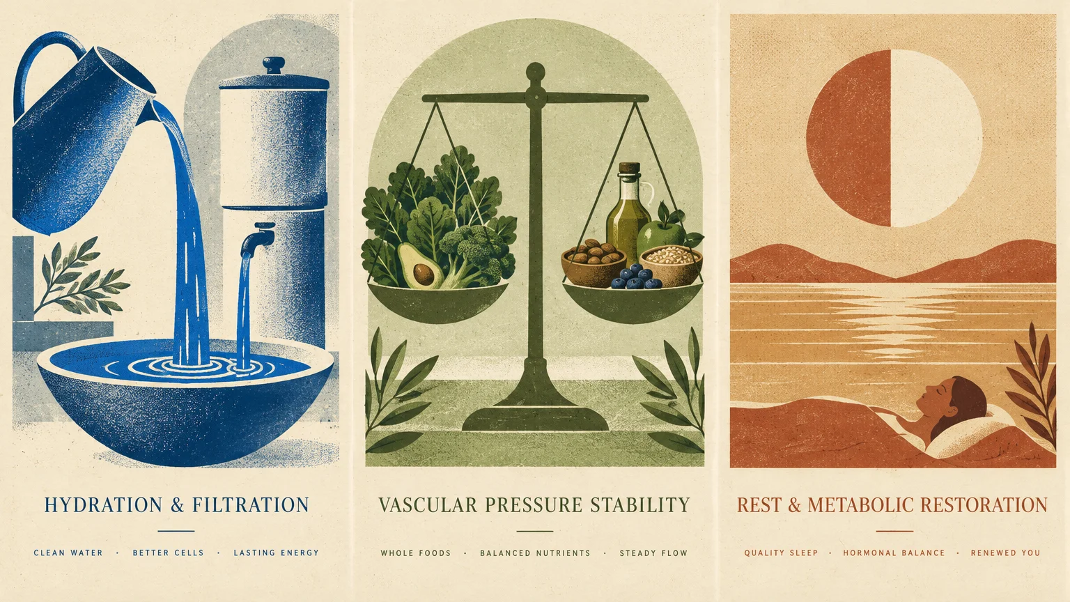 Three panels illustrating water filtration, balanced healthy foods on a scale, and a person resting under a split sun.