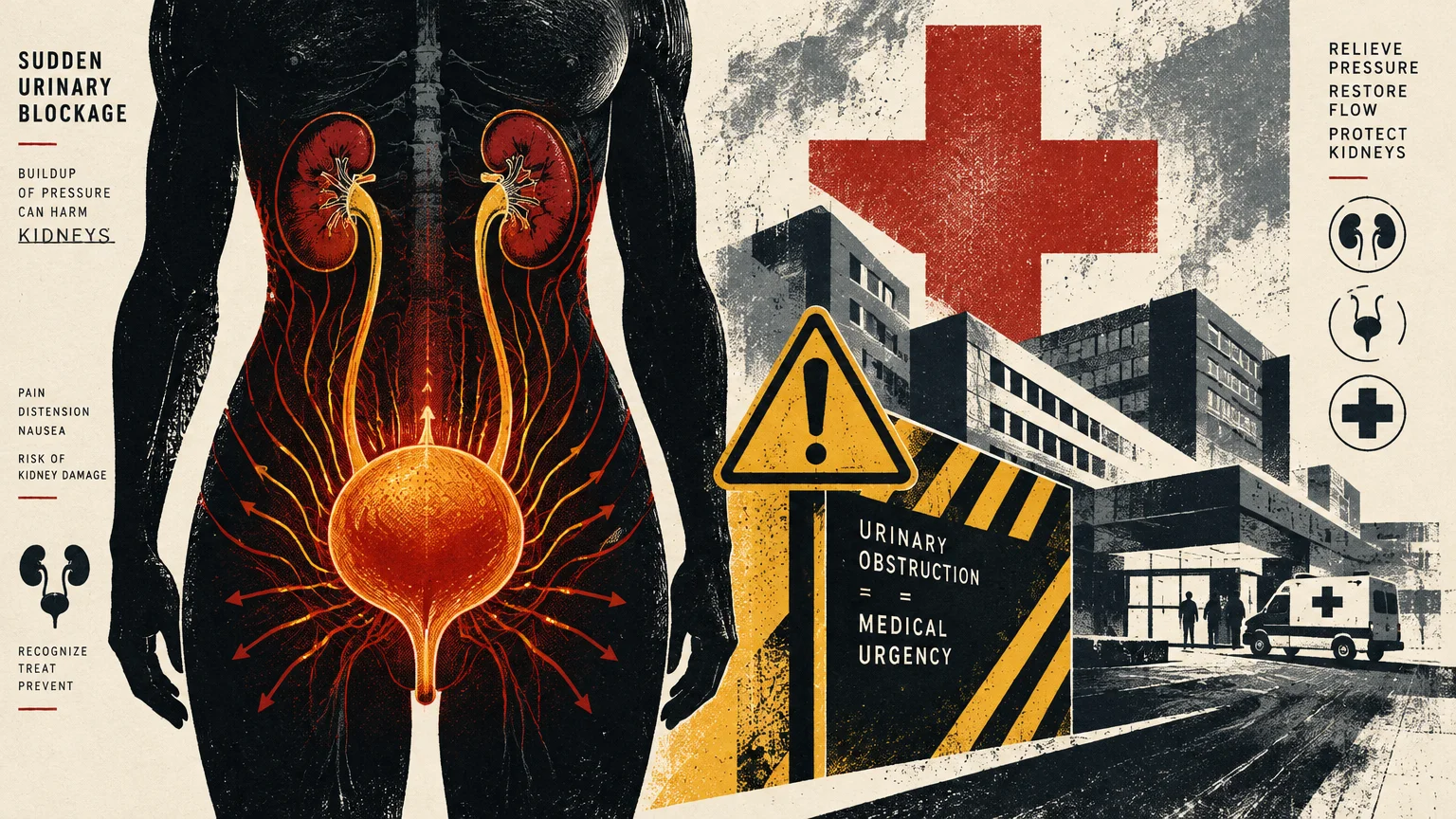 Illustration of a human torso showing glowing kidneys and bladder beside a hospital building with an ambulance.