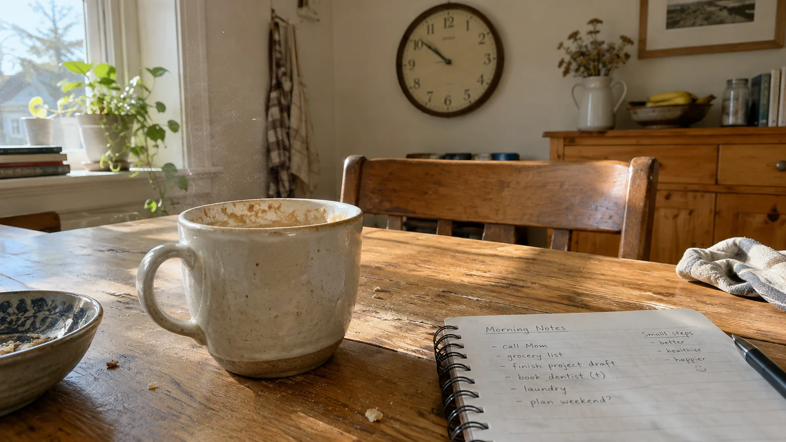 A ceramic mug of coffee steaming on a sunlit wooden kitchen table beside an open spiral notebook and pen.