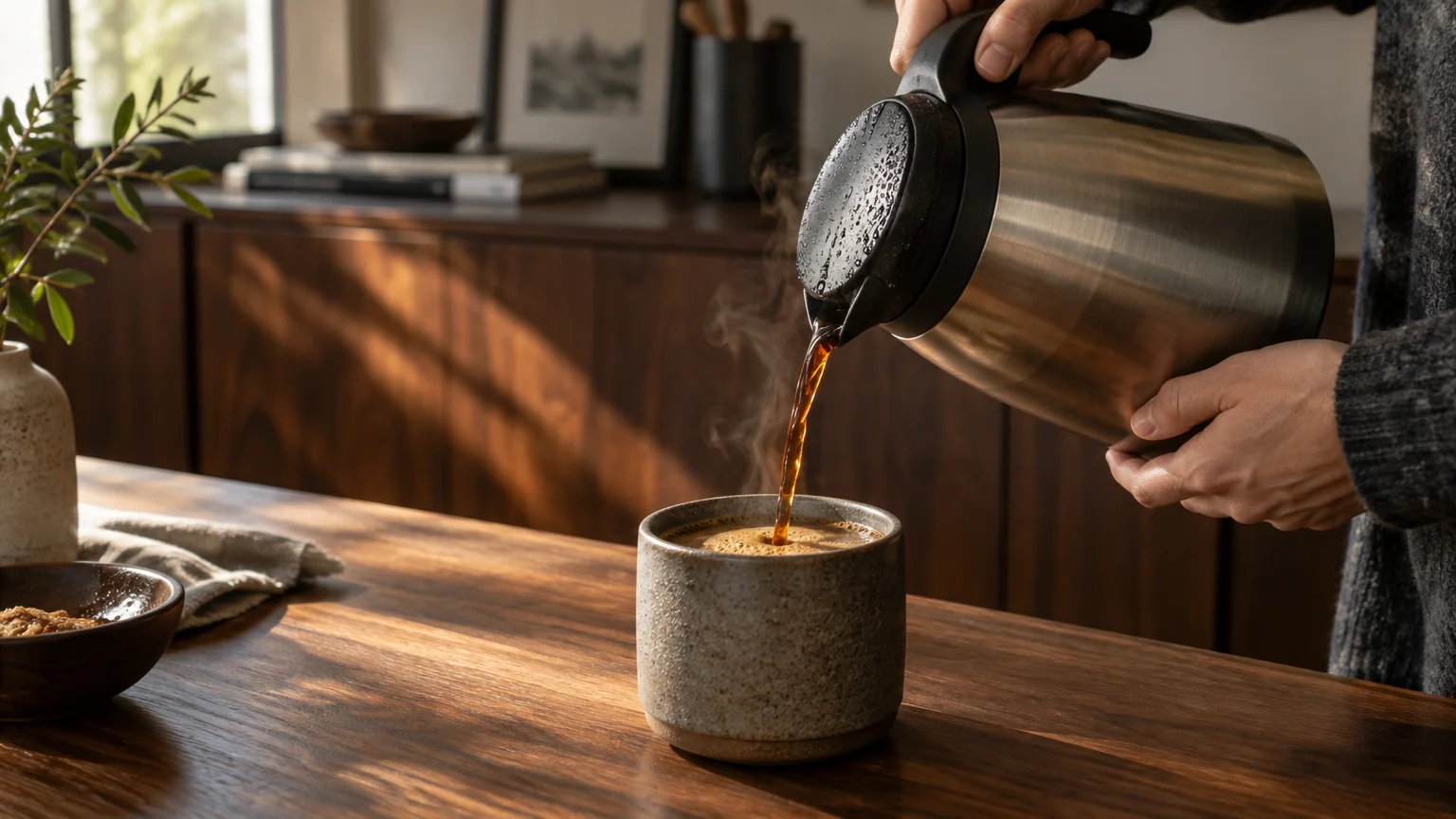 Steaming hot coffee pouring from a stainless steel thermal carafe into a ceramic mug on a wooden table.