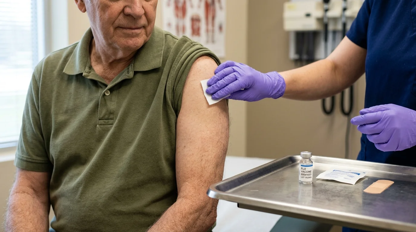 A healthcare worker in purple gloves prepares an older man's upper arm for an injection next to a vaccine tray.