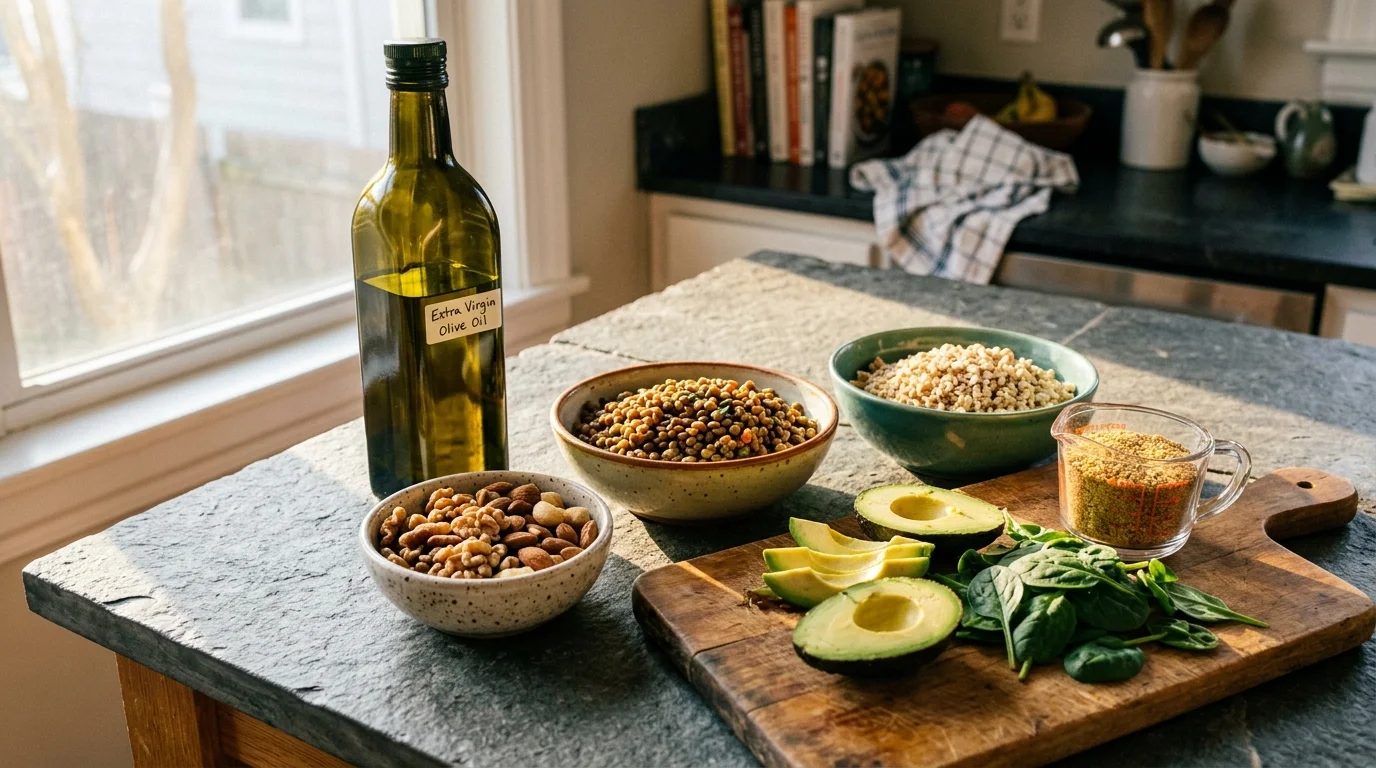 Olive oil, bowls of nuts, lentils, and grains alongside sliced avocado and fresh spinach on a kitchen counter.