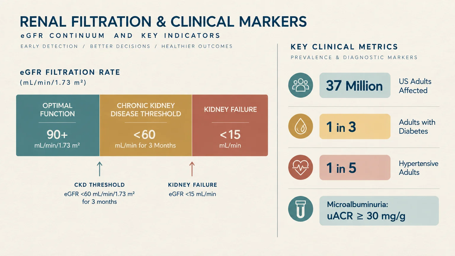 Chart of eGFR filtration rate ranges alongside key clinical metrics like affected adult population and diabetes rates.
