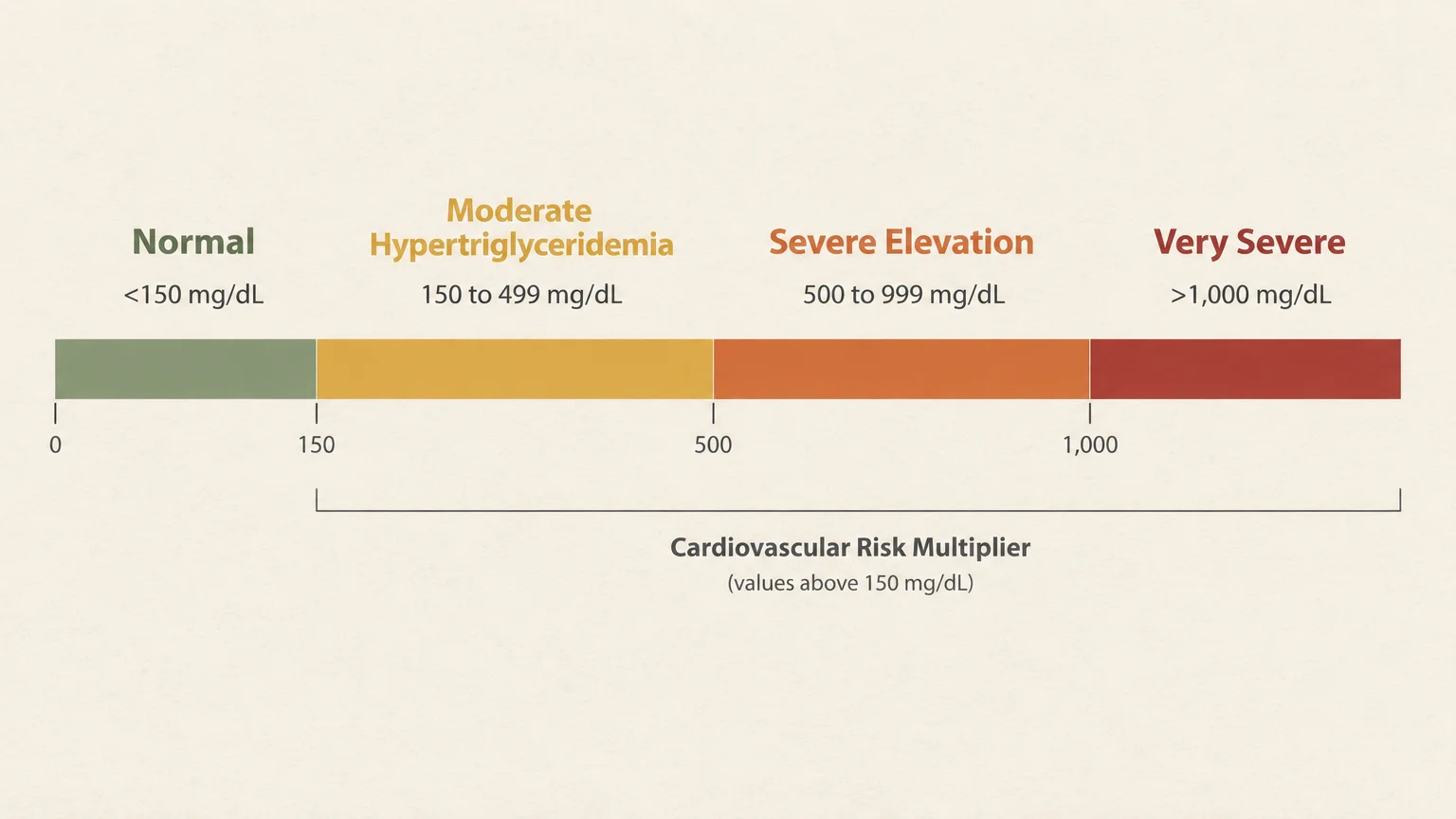 Horizontal bar chart categorizing triglyceride levels from normal under 150 mg/dL to very severe over 1,000 mg/dL.