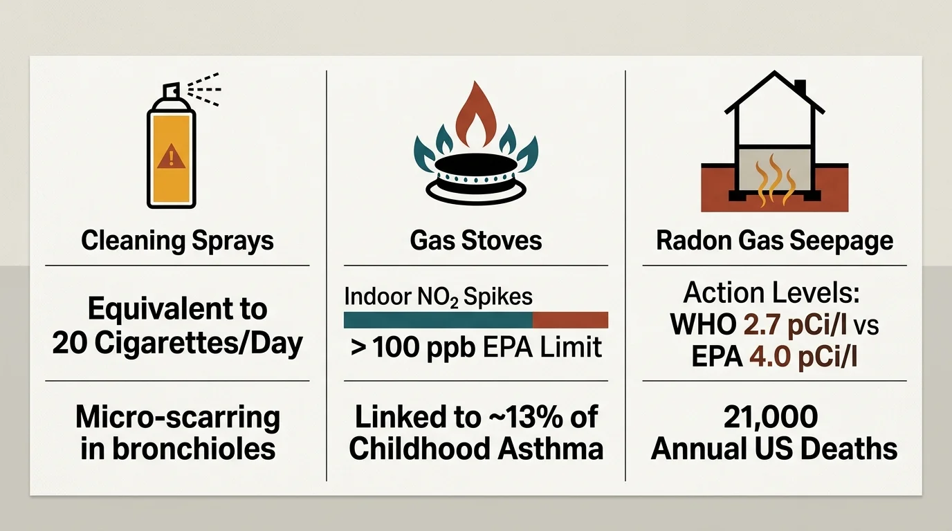 Infographic highlighting three indoor respiratory hazards: cleaning sprays, gas stoves, and radon gas seepage.
