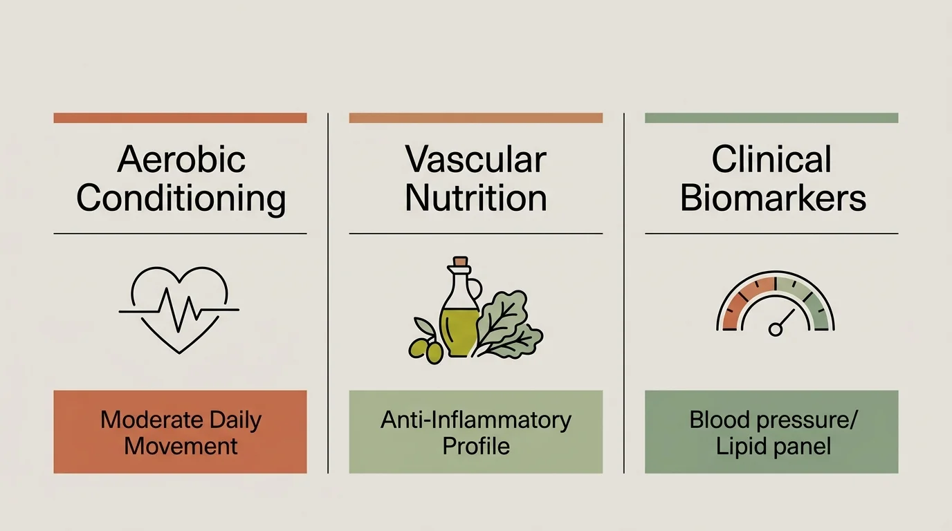 Three-column graphic outlining Aerobic Conditioning, Vascular Nutrition, and Clinical Biomarkers with simple icons.