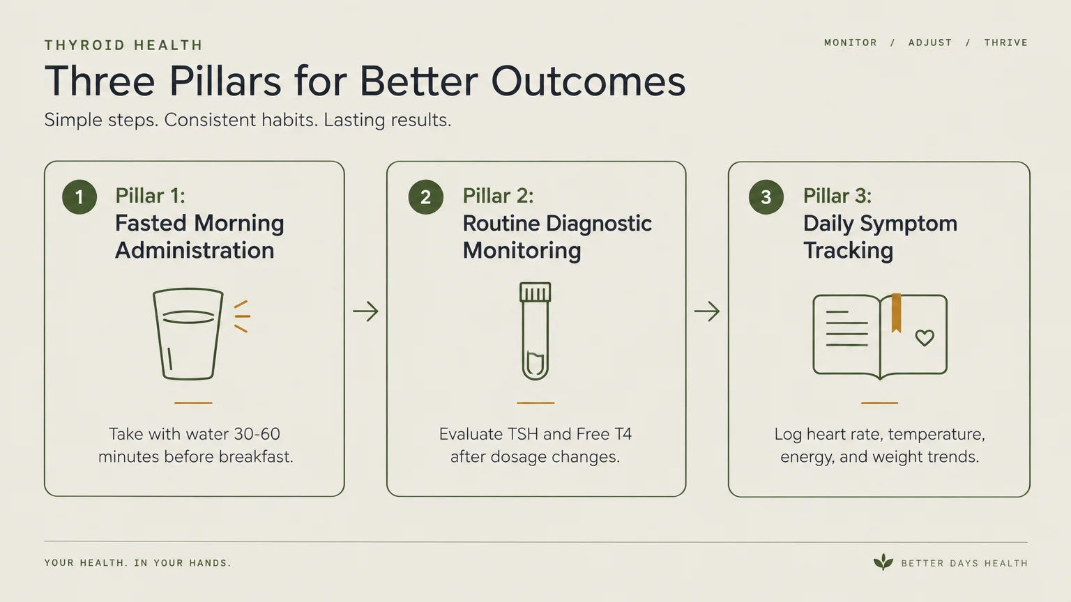 Diagram of three pillars: fasted morning administration, routine diagnostic monitoring, and daily symptom tracking.