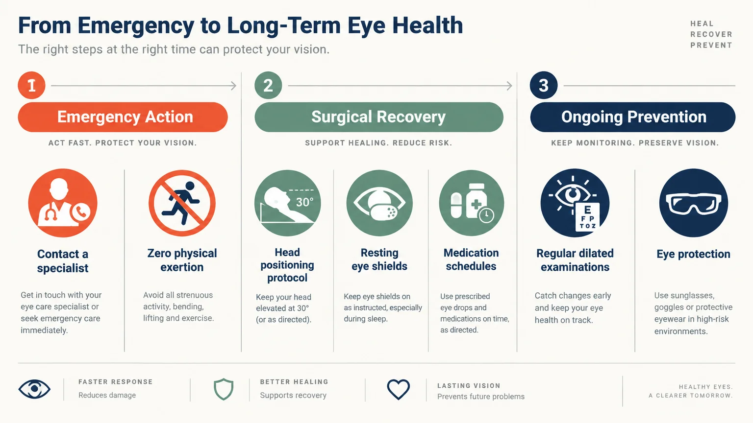 Diagram outlining three steps for eye health: Emergency Action, Surgical Recovery, and Ongoing Prevention with related icons.