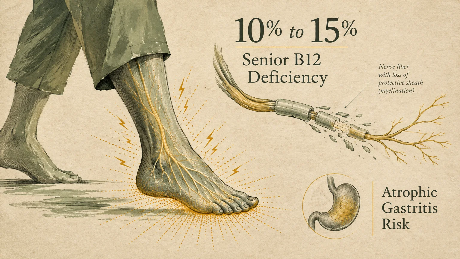 Medical illustration of a walking foot with glowing nerves, a deteriorating nerve sheath, and a stomach diagram.