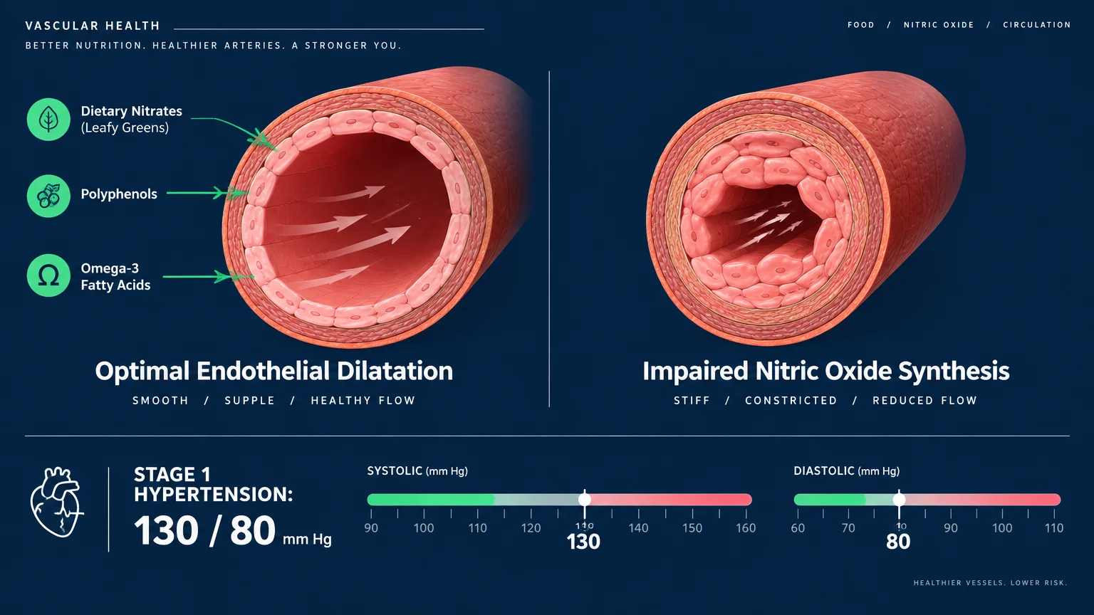 Diagram comparing optimal endothelial dilatation to constricted blood flow alongside a Stage 1 hypertension reading of 130/80.